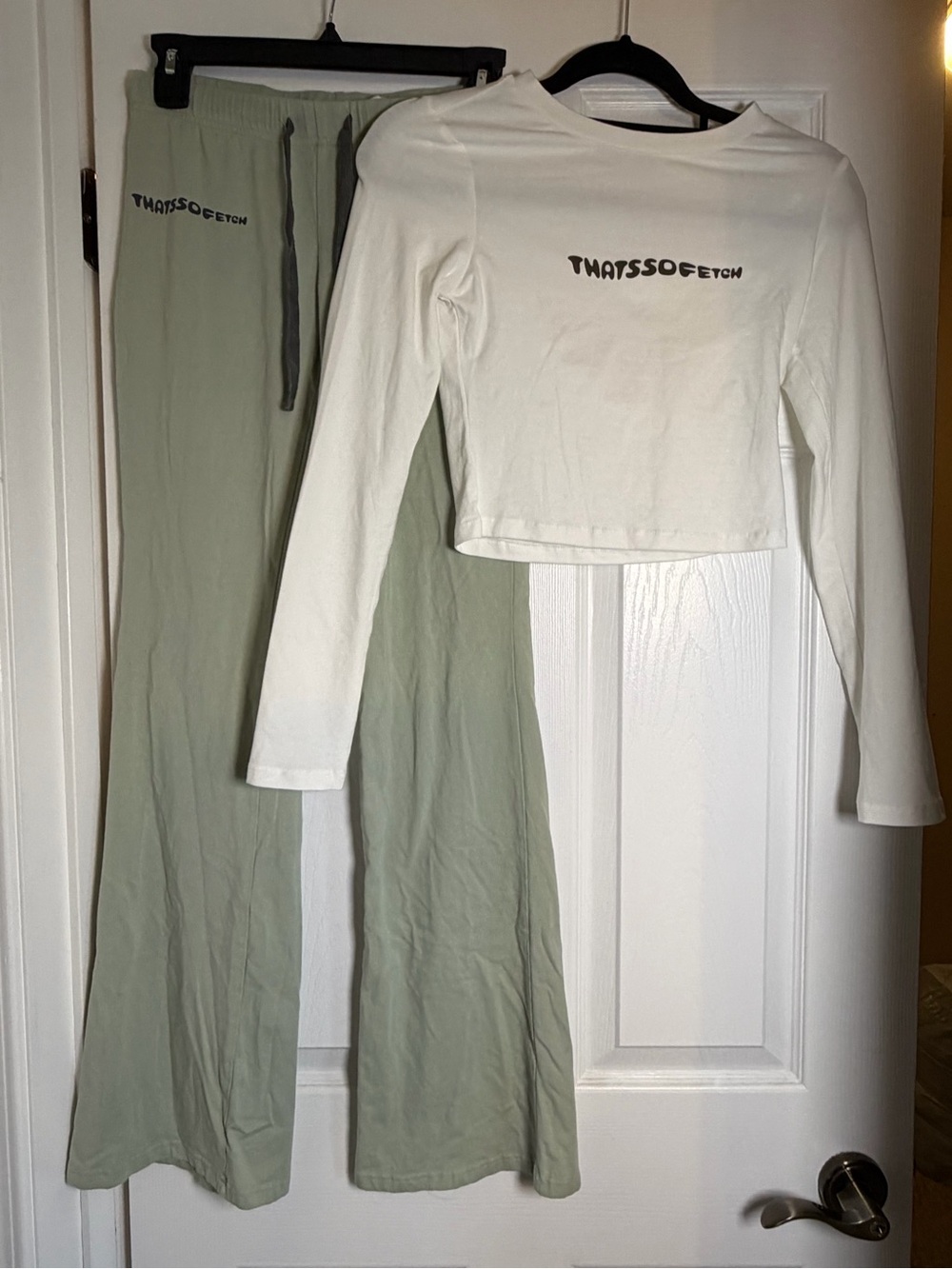 ThatssOFetch Women's White Crop Long-Sleeve Top & Sage Wide-Leg Pants Set